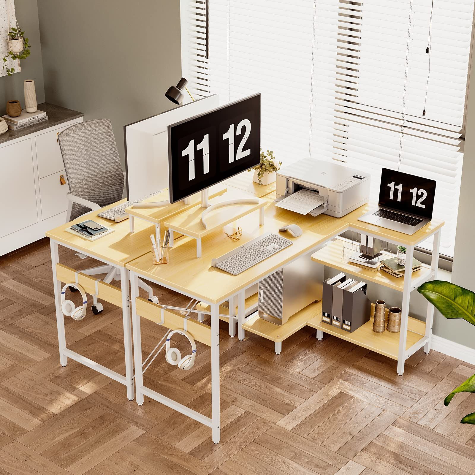 ラック付き 幅120cm pcデスク 机 コーナーデスク デスク 収納 L字型 オフィスデスク ゲーミングデスク 在宅勤務 l字デスク 書斎 パソコンデスク 組立簡単 ODK ナチュラル