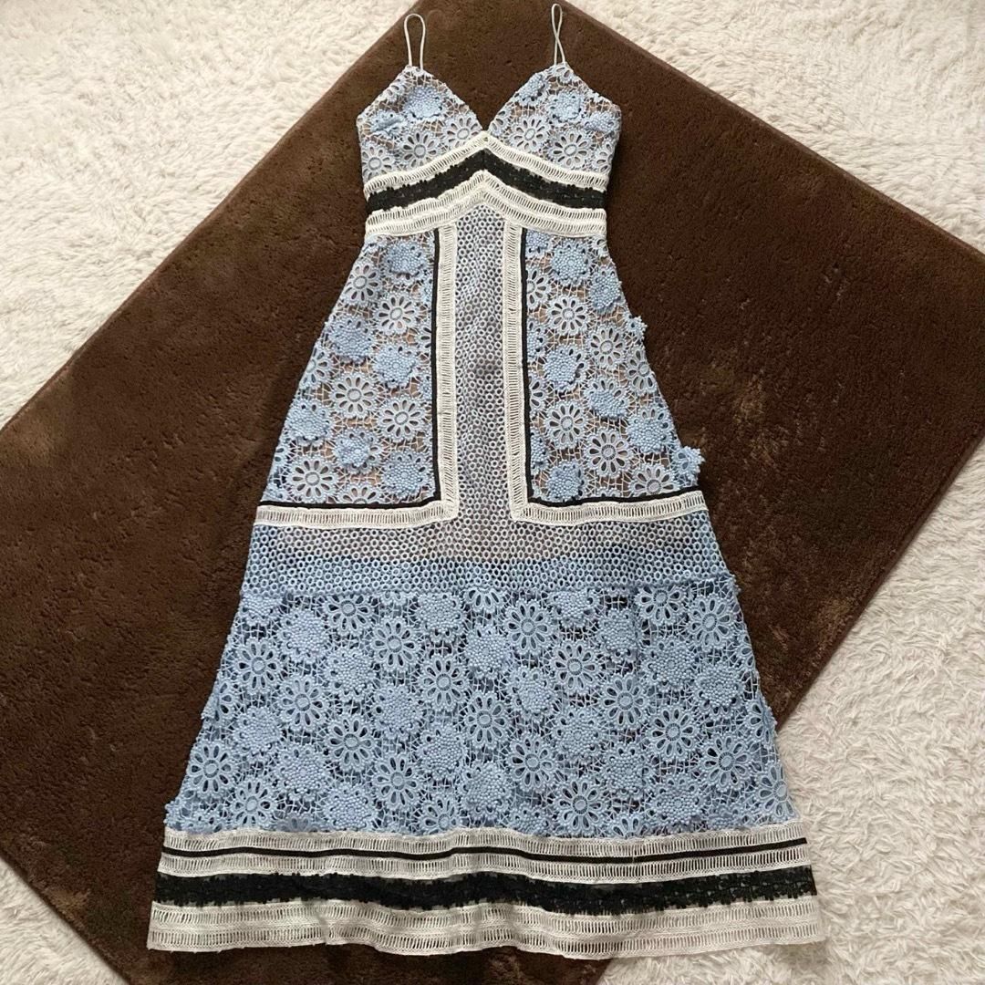 Self Portrait セルフポートレイト キャミソールワンピース ドレス ロング ミディ丈 総レース 立体 花柄 フラワー フ Aライン Floral Panel Midi Dress ライトブルー ホワイト UK 6 US