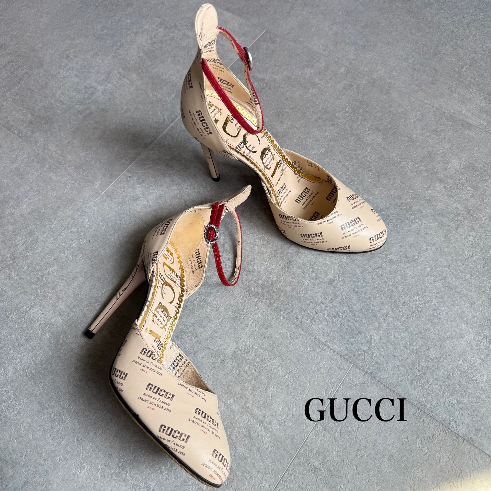 美品 GUCCI 総柄 ロゴ ストラップパンプス ストーン レザー ハイヒール 38 25cm アイボリー