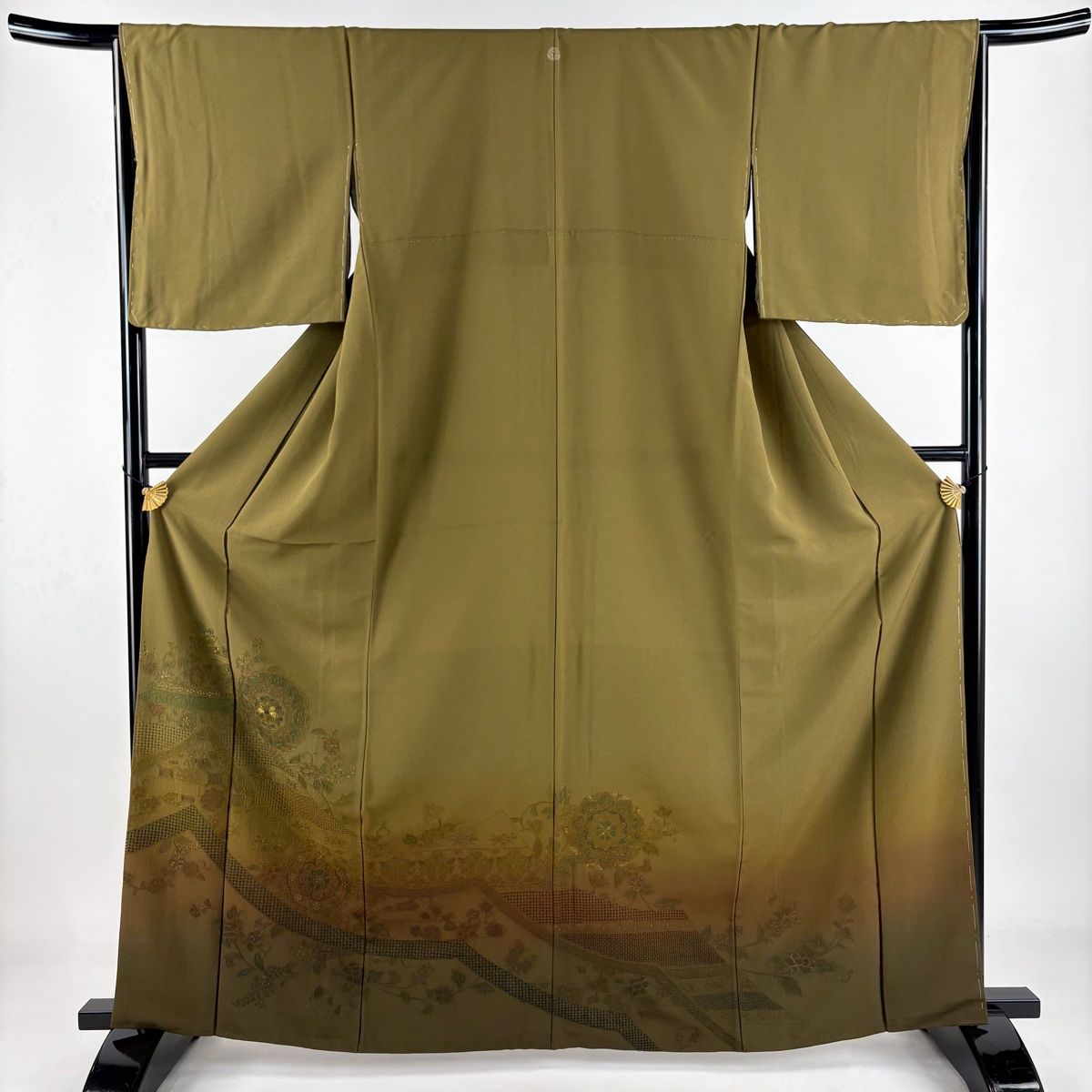 訪問着 身丈164cm 裄丈66cm M 袷 華文 花唐草 銀糸 刺繍 茶緑色 正絹 秀品 一つ紋
