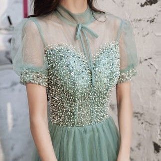 フレンチロングイブニングドレス ブルーグリーン スパンコール