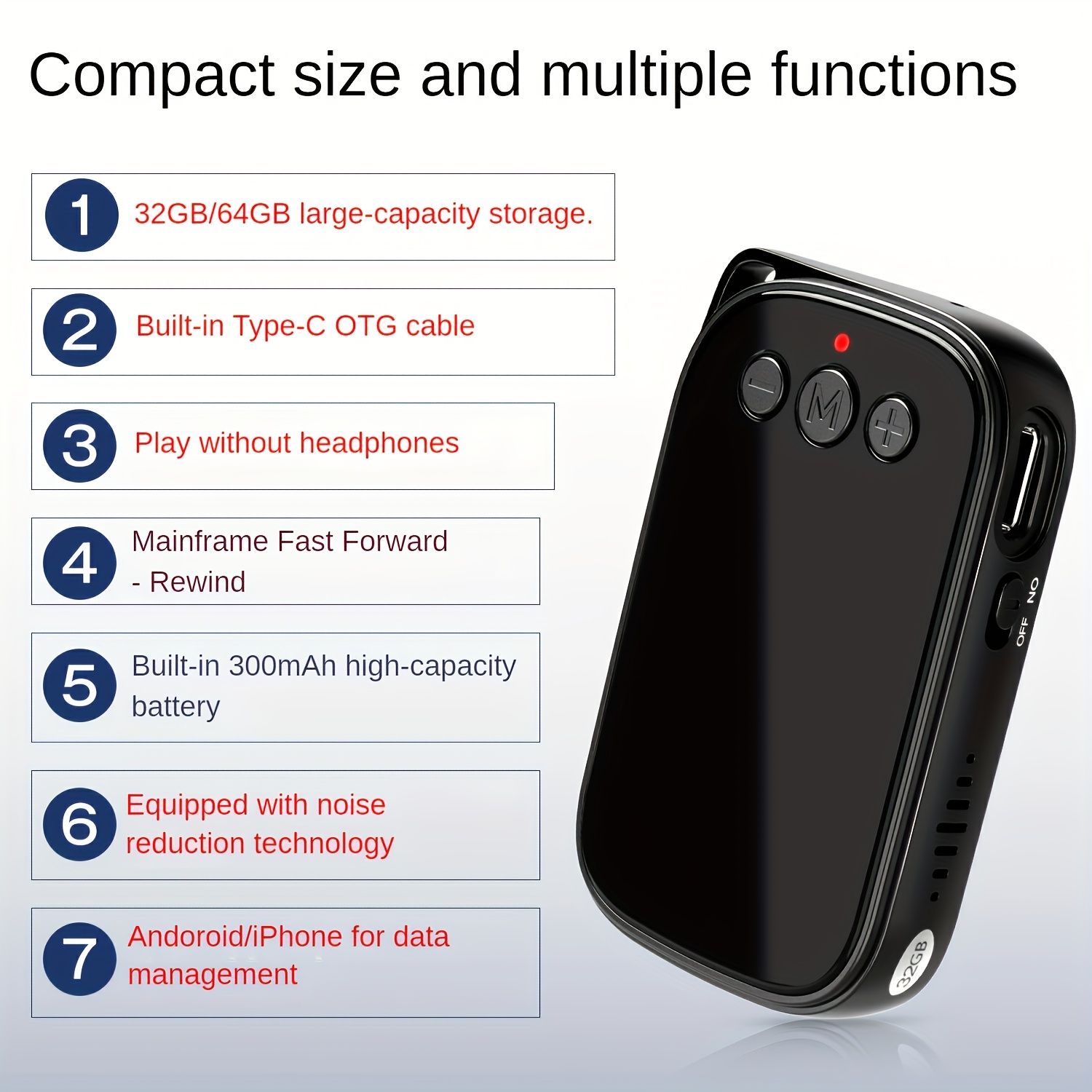 1pc 32GB|64GB 多機能デジタルボイスレコーダー 長い待機時間 高解像度ノイズリダクション Type-C付きポータブルオーディオ録音ペン MP3プレーヤーと互換性あり 充電式リチウムポリマーバッテリー