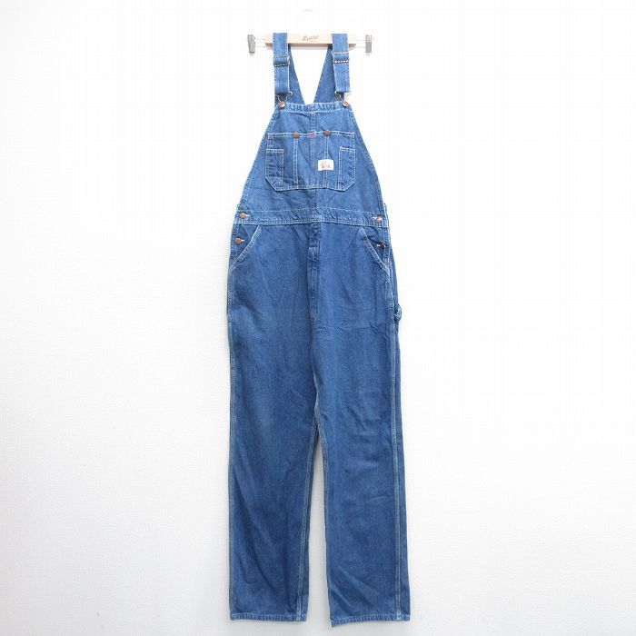 W38/古着 ラウンドハウス オーバーオール メンズ 90s コットン 紺 ネイビー デニム 24feb08 中古 ボトムス