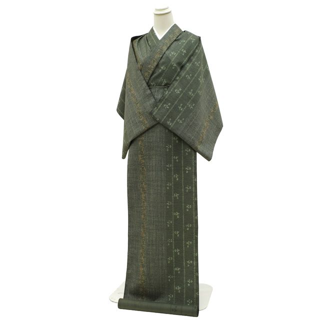 新古品 本場大島紬 着物 着尺 反物 正絹 染大島 大島紬 染め柄 深緑 グリーン系 濃灰緑 縞 琉球絣柄 花瓶 お洒落 カジュアル 紬 大島紬 春 秋 冬 未仕立て みやがわ sb16405