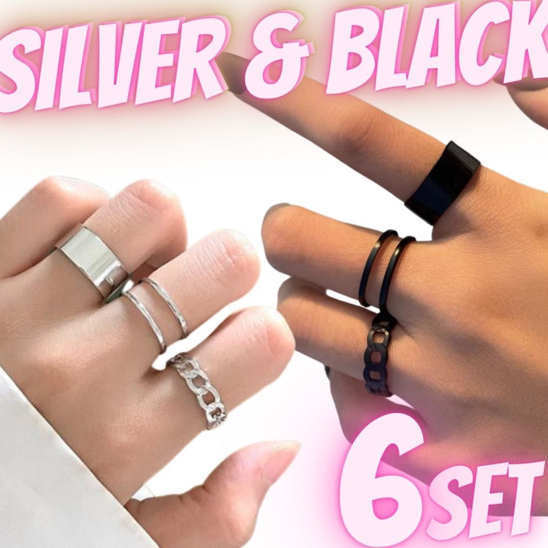 ６個】セット 銀 黒 リング フリーサイズ 指輪 韓国 メンズ レディース