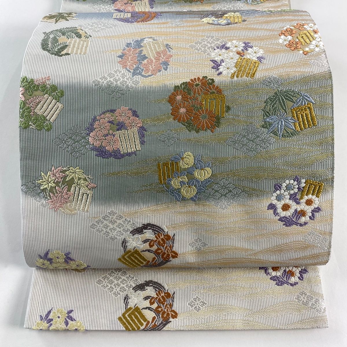 袋帯 名品 吉祥花輪文 源氏香 唐織 箔 青灰色 六通 正絹