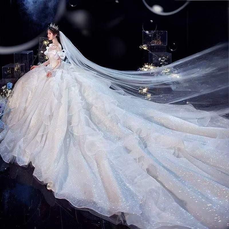 ウェディングドレス 二次会 結婚式 披露宴 ブライダル ロングドレス オフショルダー フリル 花嫁 ウエディングドレス プリンセスラ