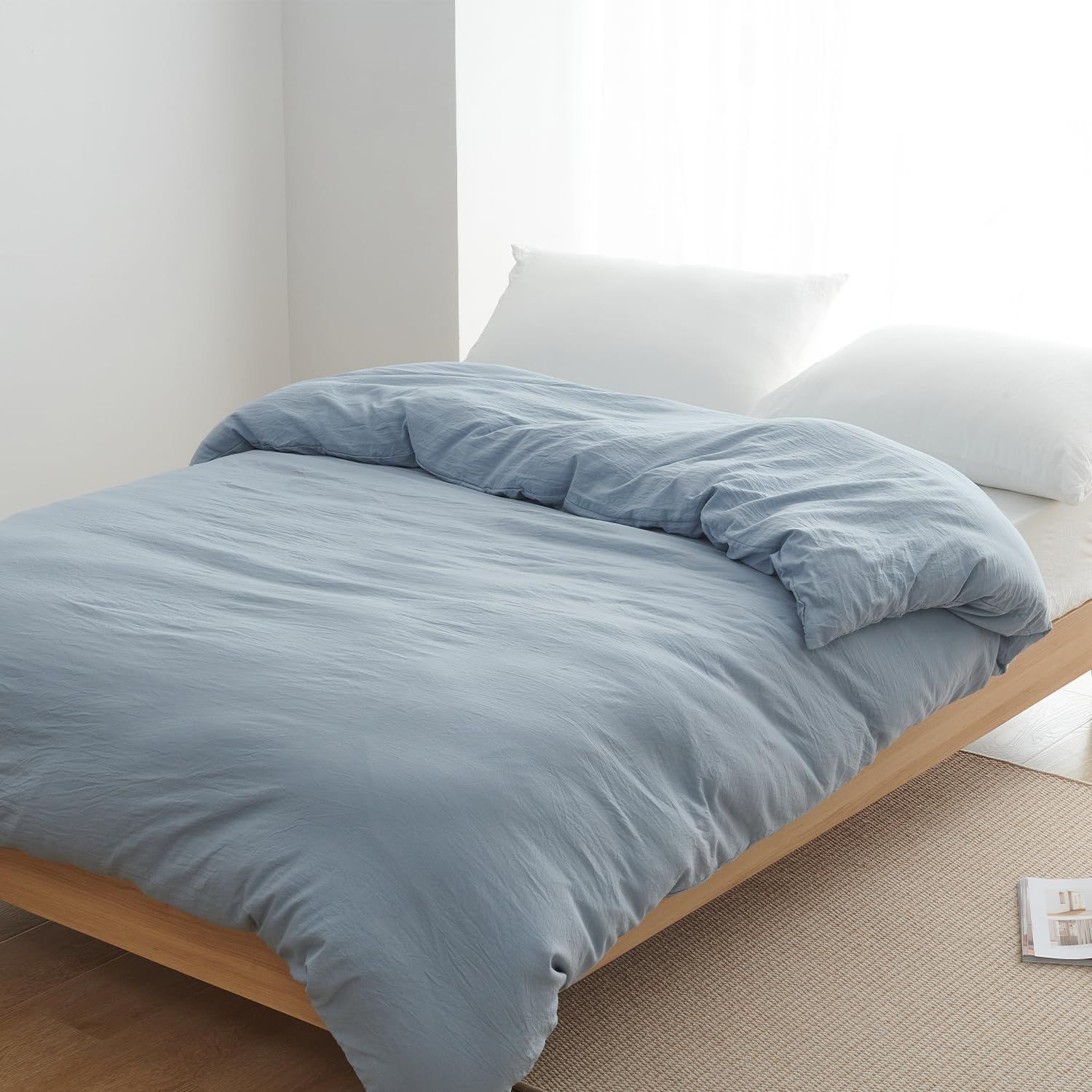 掛ふとんカバー 布団カバー オールシーズン 丸洗いOK シワ加工 (シングル・150X210cm ピーチスキン しっとり 柔らかい 素肌にやさしい 吸湿速乾 ブルー) 洗いざらし シングル 掛け布団カバー ク