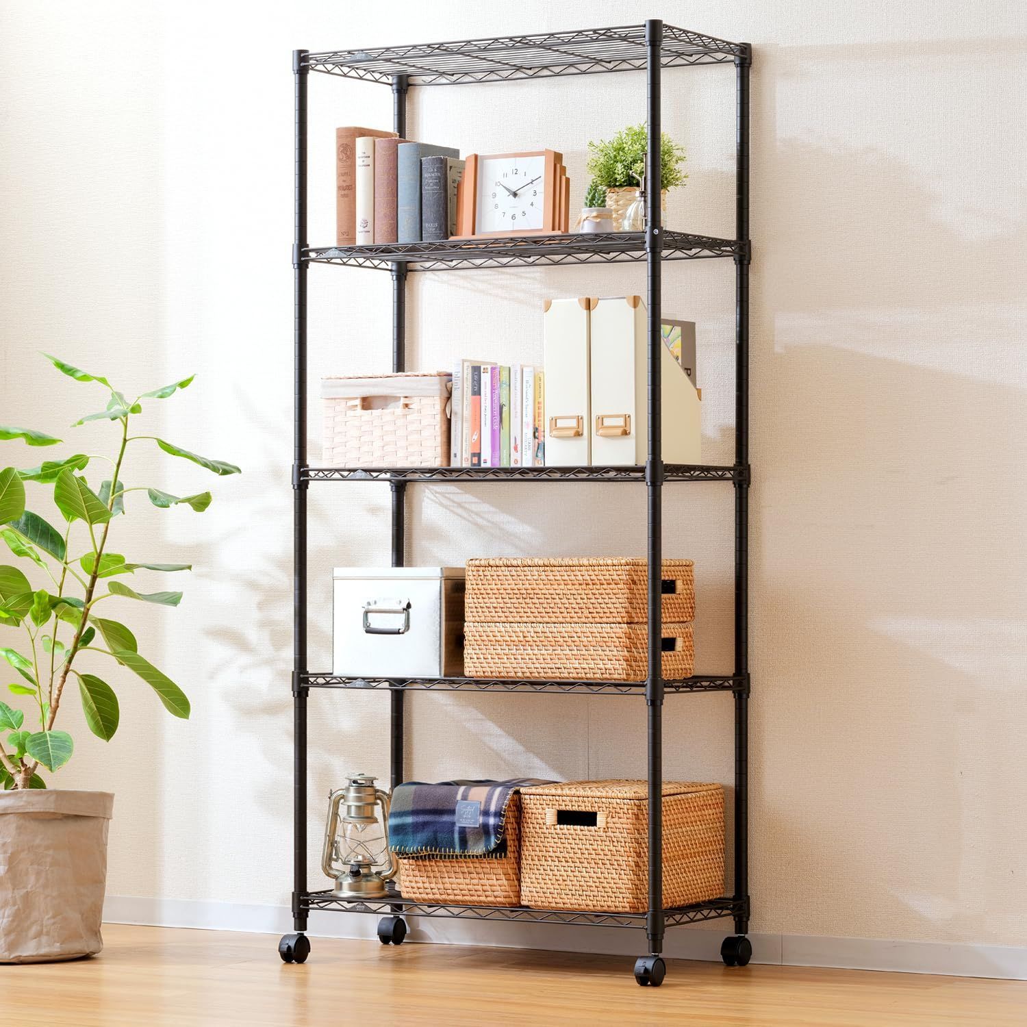 ルミナス ノワール ラック 5段 幅80 奥行40 キャスター付き スチールラック 黒 ブラック ドウシシャ 収納棚 おしゃれ キッチンラック サビに強い 組立簡単 幅81×奥行41×高178.5cm キャスター込 ポール径25mm 耐荷重80k