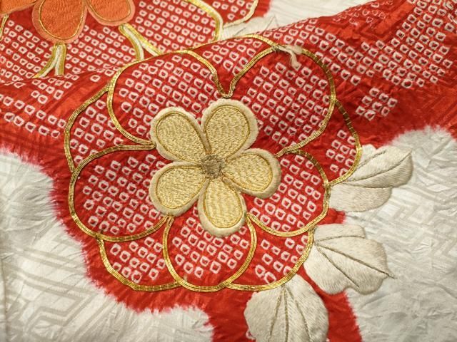 美品　絞り　地紋　金彩　鬘帯花文　花刺繍　逸品　フルセット　振袖　振り袖 平和屋着物□豪華振袖 刺繍 草花文 金彩 正絹 逸品 CAAU8399fbの