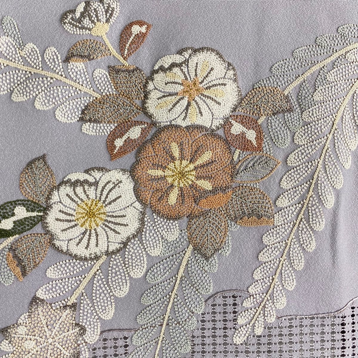 訪問着 身丈153.5cm 裄丈61.5cm S 袷 辻が花柄 相良刺繍 汕頭刺繍 灰紫  