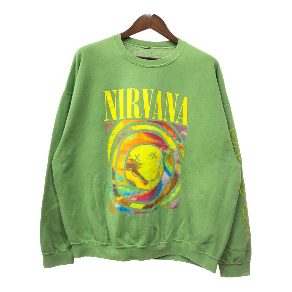 NIRVANA ニルヴァーナ スウェット バンドT 袖プリント ロゴ ライトグリーン (メンズ M) 中古 古着 Q7279