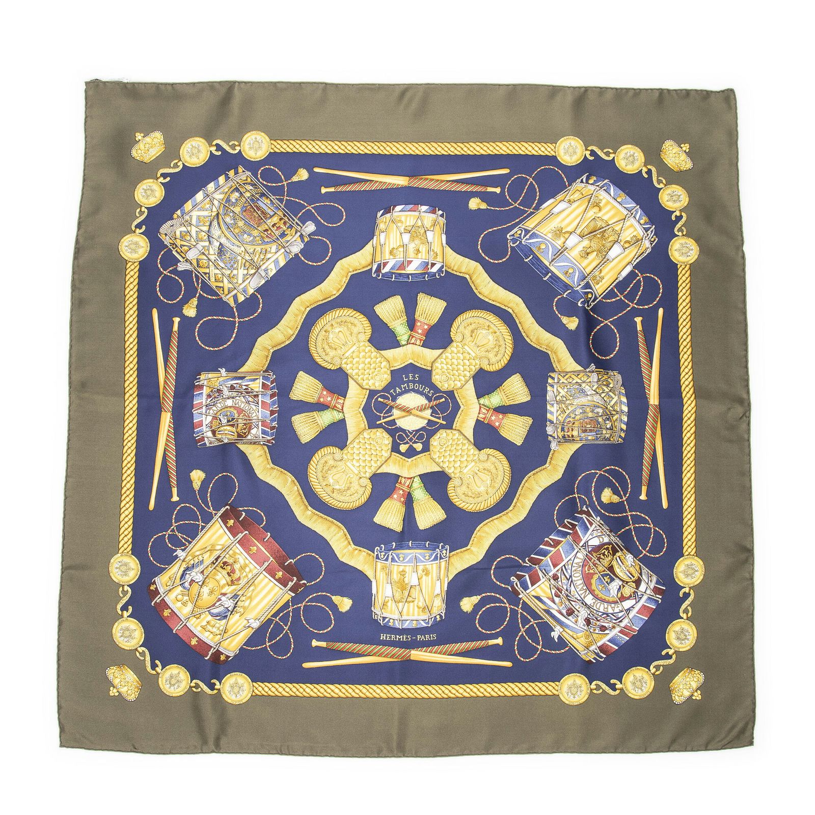 HERMES エルメススカーフダークグリーン ネイビー 金 ツイルシルクA