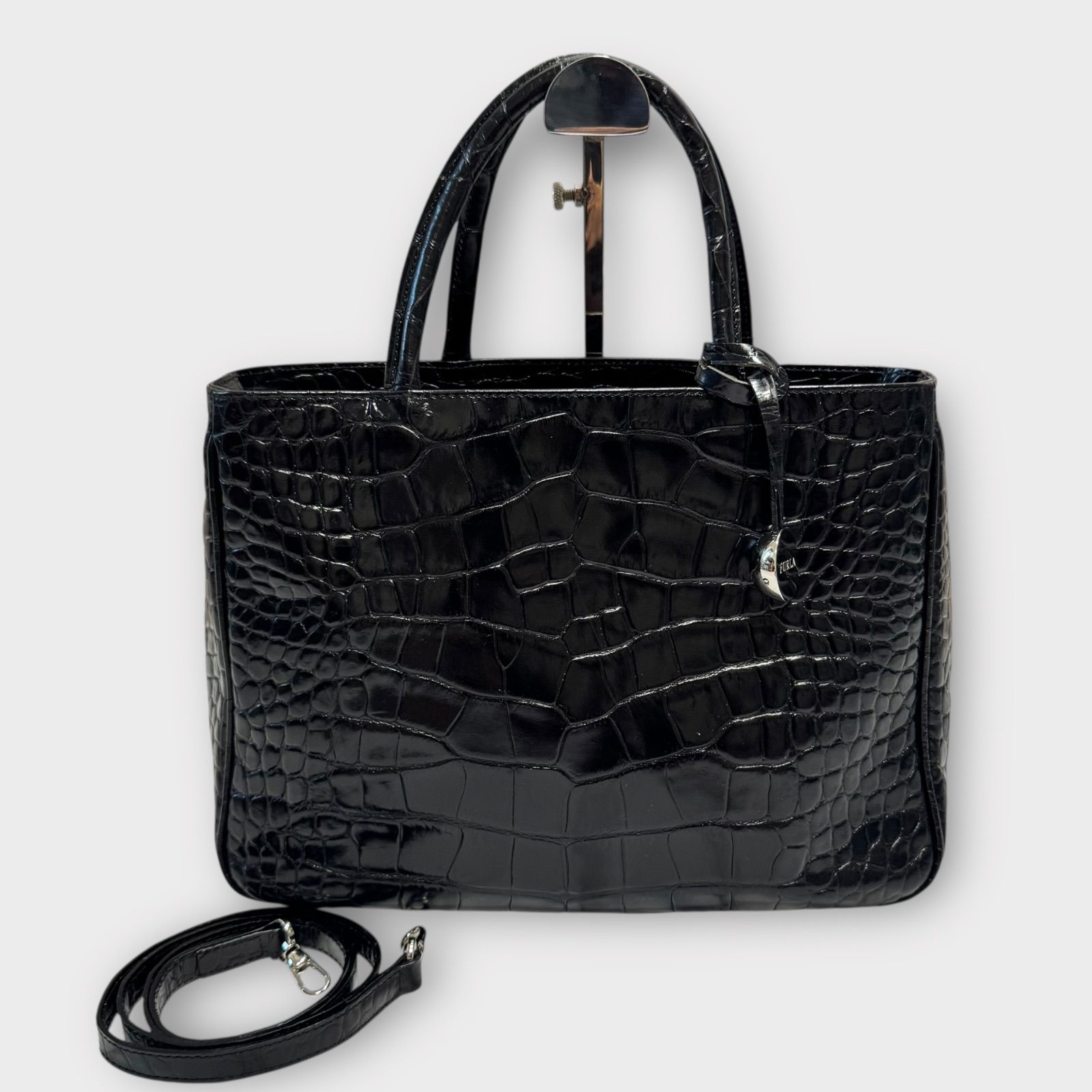 極美品 FURLA ビジネス トートバッグ クロコ型押し レザー A4可 黒