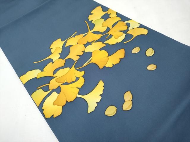 平和屋本店□極上 銀座もとじ 塩瀬 九寸開き名古屋帯 銀杏 鉄御納戸色  