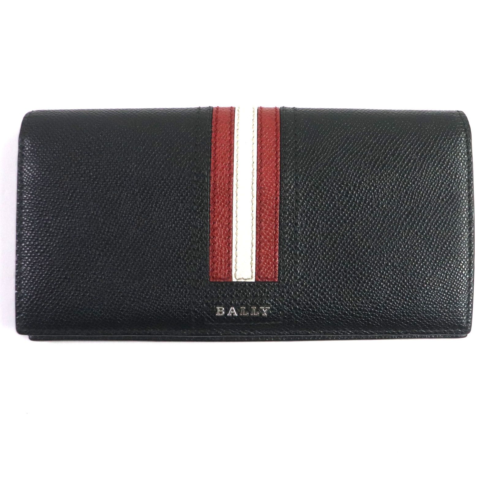 極美品▼BALLY バリー 6218067 TALIRO.LT10 レザー ロゴ金具付き ストライプ ロングウォレット 2つ折り  長財布 ブラック 箱付き メンズ