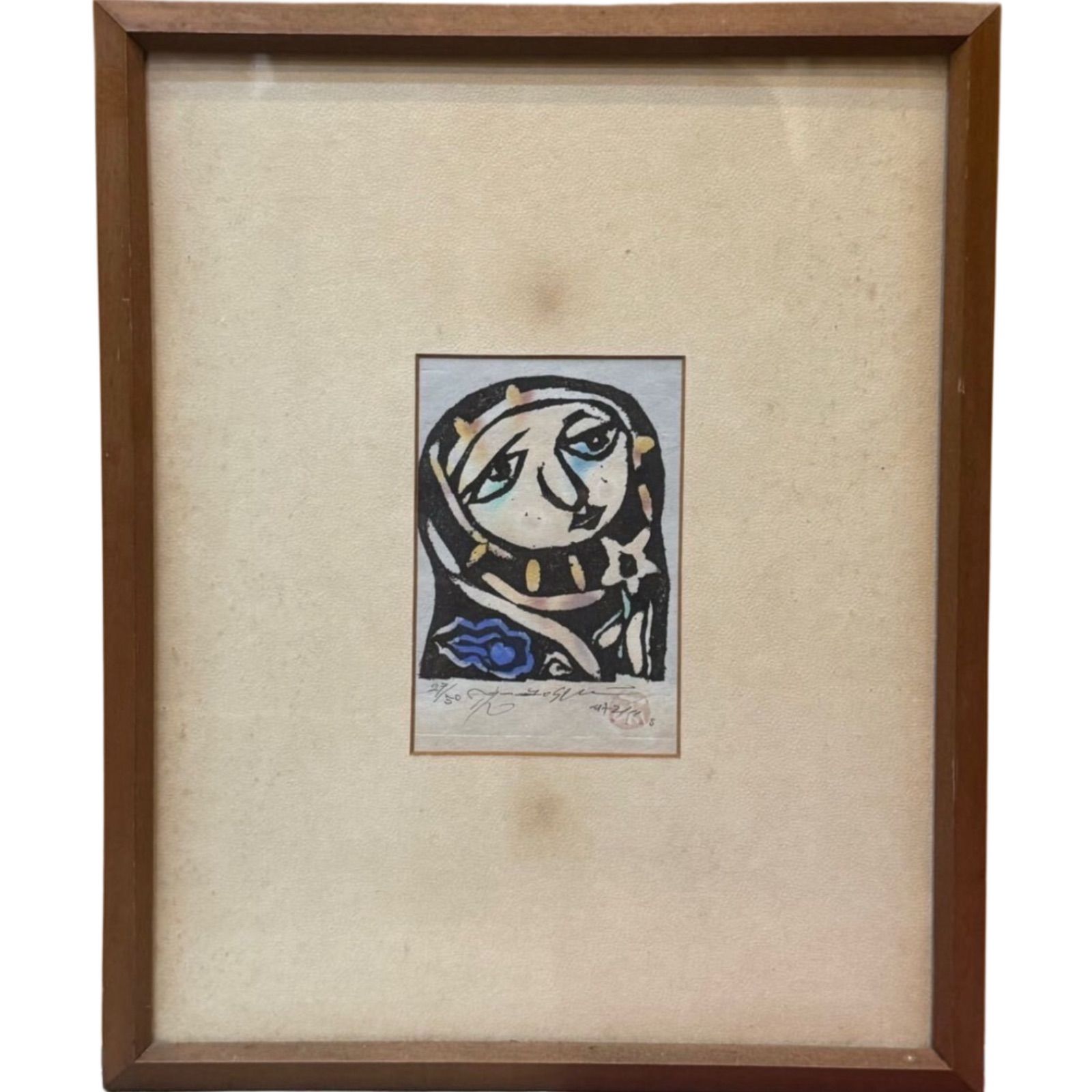 渡辺俊明 「祈り」木版画 落款 直筆サイン 共シール 人気版画家