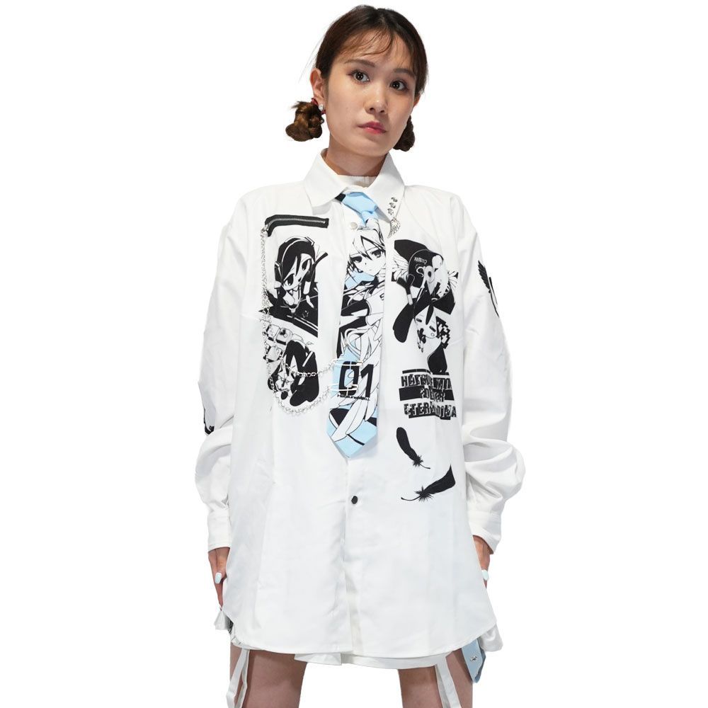 ACDC RAG エーシーディーシーラグ 初音ミク シャツ 長袖 ネクタイ ファッション 原宿 原宿系 ミク パンク ロック チェーン 水色 サイバー サブカル jct-hm-sh-02 ACDC RAG エーシーディーシーラグ 初音ミク シャツ 長袖 ネクタイ