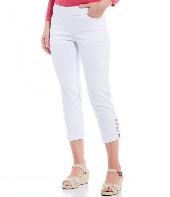 【送料無料】 マルチプルズ レディース カジュアルパンツ ボトムス SlimsationR by Multiples Straight Ladder Hem Pull-On Twill Crop Pants White