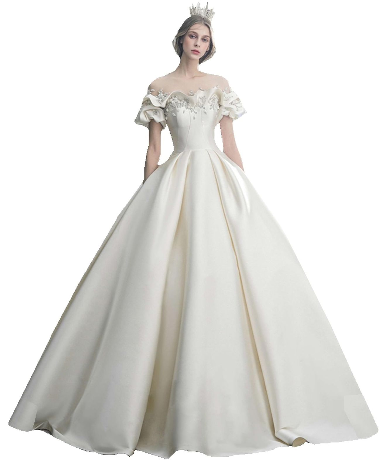 株式会社豊作 ウエディングドレス イリュージョンネック ベルスリーブ サテン エレガンス 上 プリンセス 編み上げタイプ Aライン 演奏会 発表会 主役 ゴージャス XL