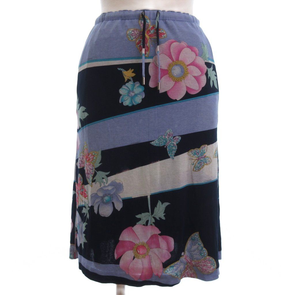 レオナール LEONARD イージー フ スカート ひざ丈 花柄 ジュエリー柄 ネイビー 38 M位 ECT