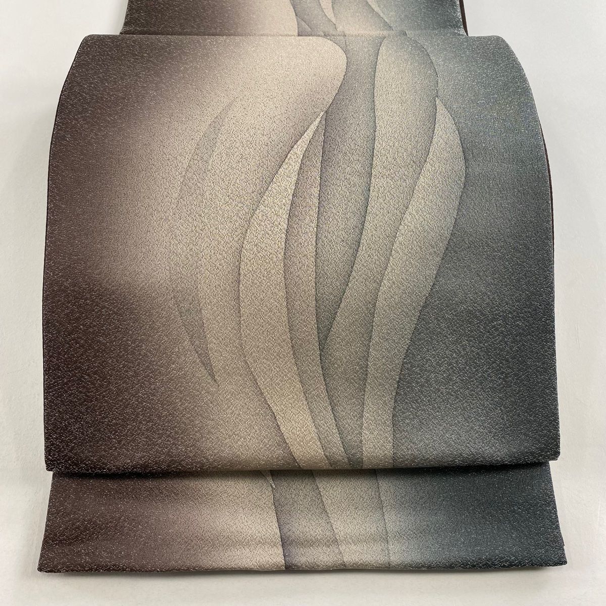 【美品】 袋帯 名品 幾何学模様 銀通し ぼかし 灰緑 全通 正絹 【】