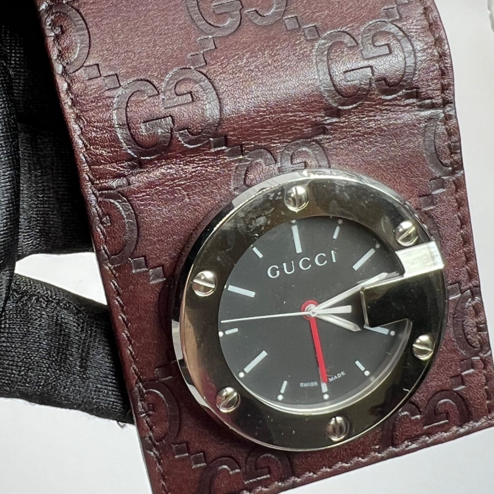 GUCCI グッチ トラベルクロック クォーツ 置き時計 GG シマレザー