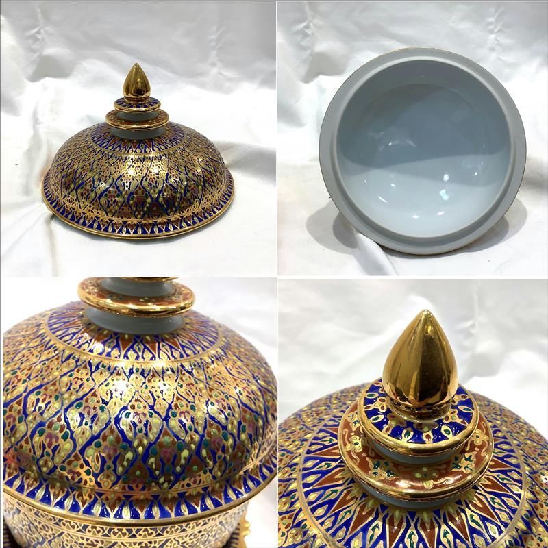 タイ王国ベンジャロン焼きの金彩花模様陶器、ハンドペイントの美しい器。 タイ王国ベンジャロン焼きの金彩花模様陶器、ハンドペイントの