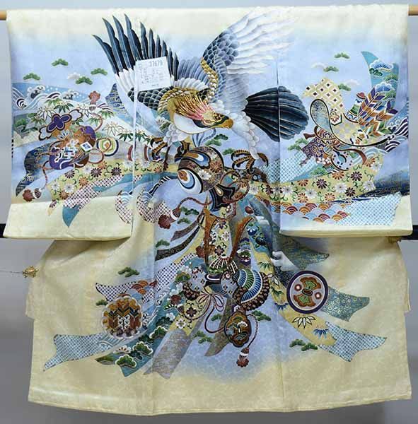 お宮参り 産着 のしめ 男児 男の子 正絹 綸子地 豪華絢爛 金刺繍 鷹 クリーム 祝着 一つ身 掛け着 熨斗目 NO37878 NO37679