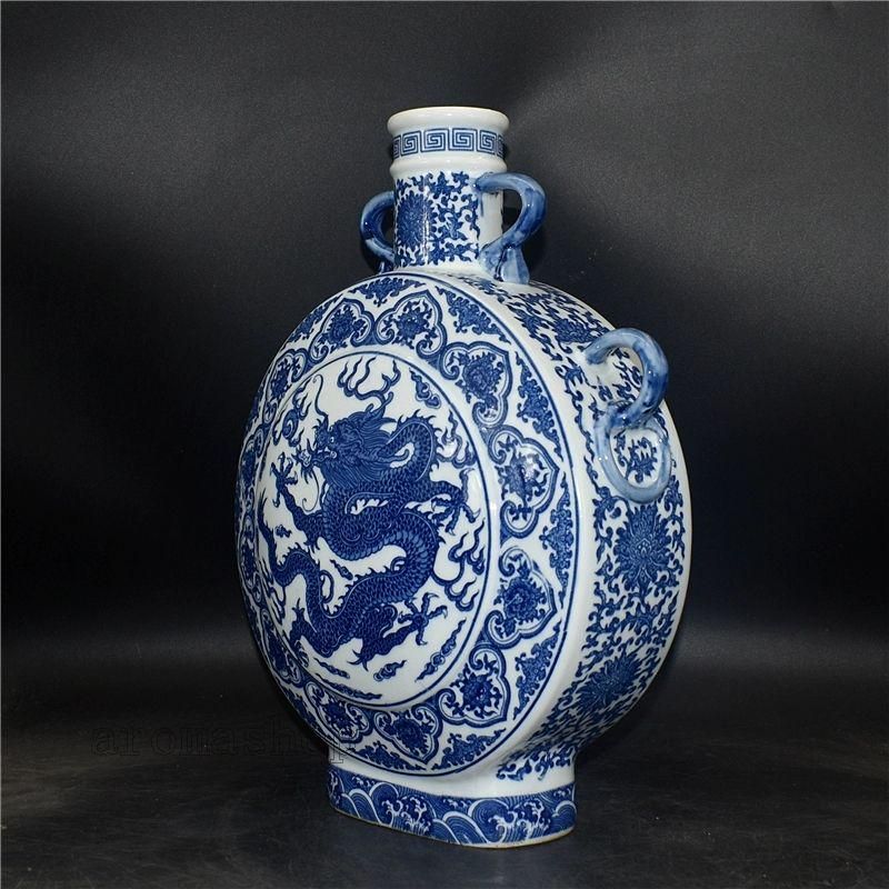 清乾隆青花開窓龍鳳呈祥福寿抱月瓶 景徳鎮 陶磁器 装飾品 現代