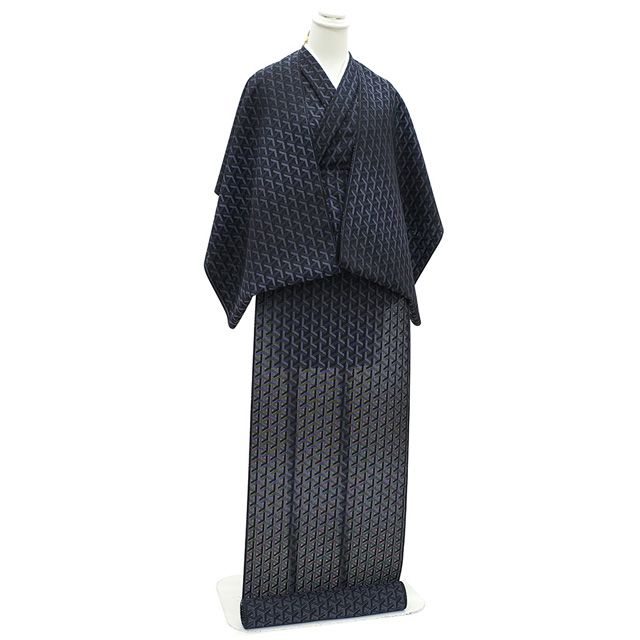 御召 紋紗 着物 着尺 反物 西陣 正絹 お召 先染め 黒 ブルーグレー グレー 段霞 幾何学文 夏着物 コート 春 夏 秋 カジュアル 未仕立て みやがわ sb 14850