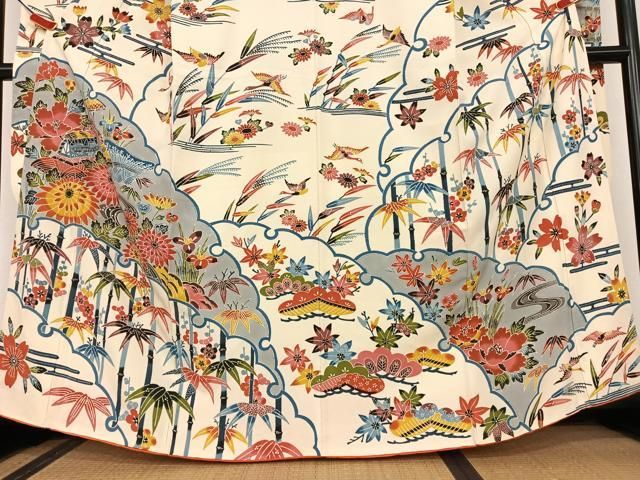 平和屋着物●紅型　振袖　風景花鳥文　松竹梅　正絹　逸品　AAAU8146zg 平和屋着物○紅型 振袖 風景花鳥文 松竹梅 正絹 逸品 AAAU8146zg