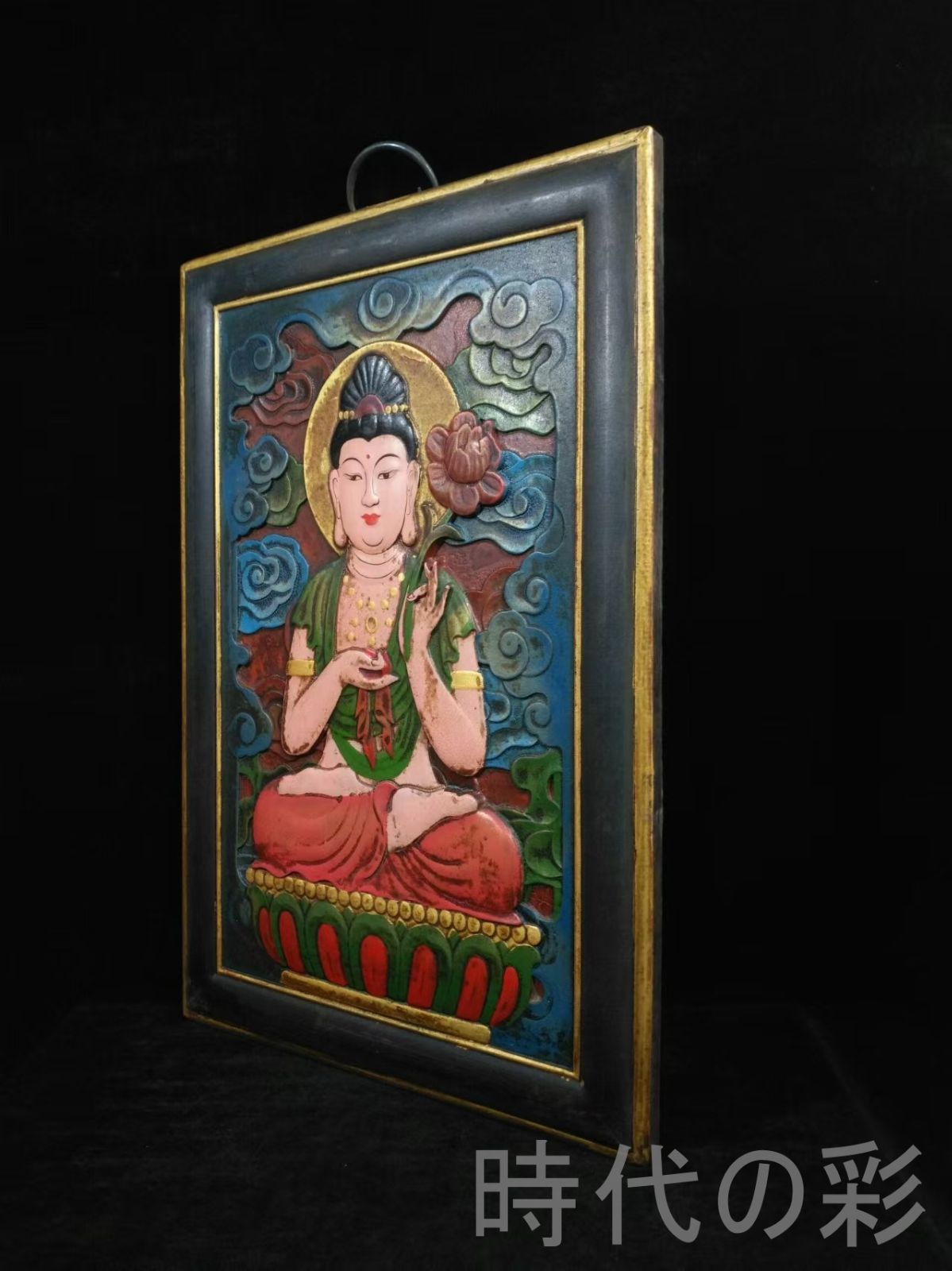  中国古美術 旧蔵 唐カ 漆器楠木 彩画 持蓮観音菩薩 清代 木器 古玩 唐物 中国古 時代物 仏画 その他 美術品 アンティーク コレクション