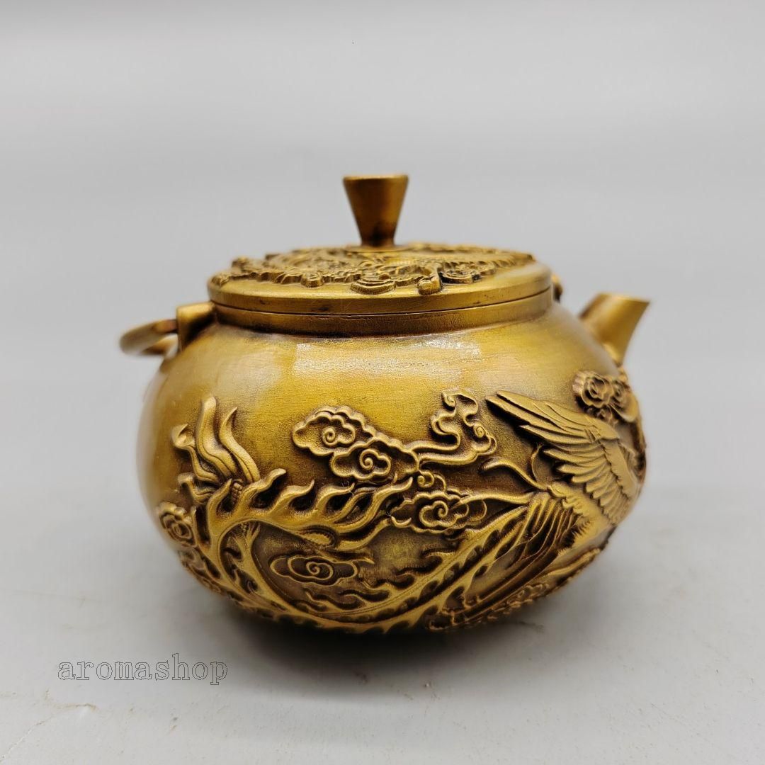最高級 銅製 銅壺 置物 工芸品 装飾品 手提げ壺茶道具 徳利 龍鳳茶壺 工芸品