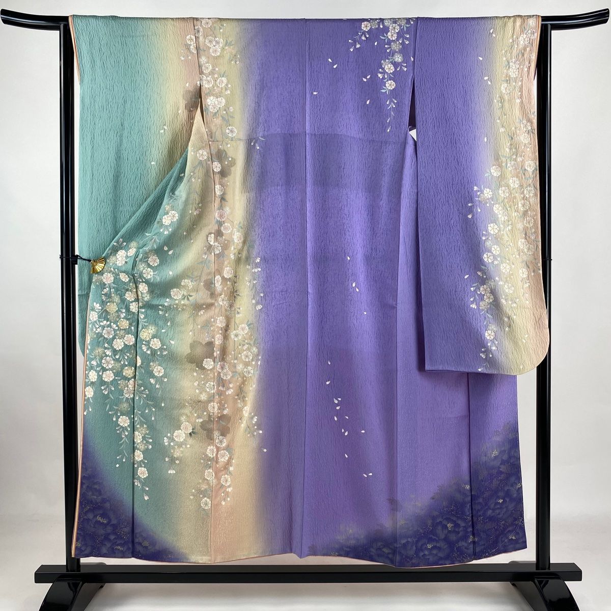 振袖 身丈152.5cm 裄丈63.5cm S 袷 やまと 枝垂れ桜 花びら ラメ 金彩 薄緑 正絹 名品