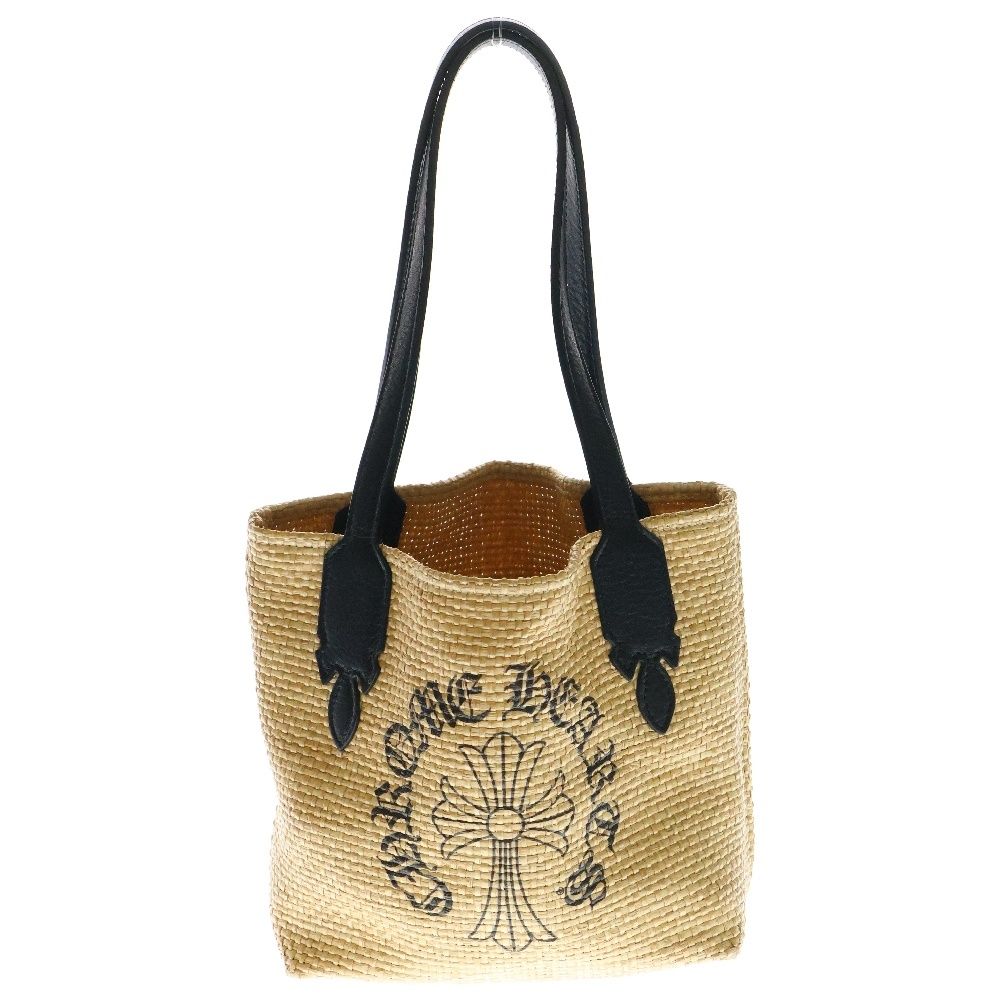 CHROME HEARTS クロムハーツ SMALL BEACHES BAG CHクロスプリントレザー切替ストロー素材トートバッグ ベージュ