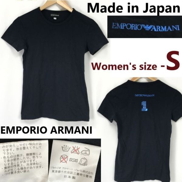 正規代理店|日本製 エンポリオアルマーニ|EMPORIO ARMANI 箔1プリント|Tシャツ レディースS|黒|black Tops|Shirts|Made in Japan◆cBH870-c