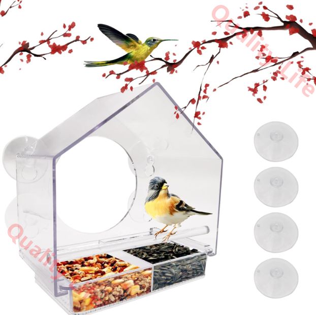 窓用鳥の餌箱 外側透明 PC プラスチック鳥ボックス 20 x 11 x 20cm 吊り下げ吸盤付き 取り外し なトレイと排水穴付き 庭 屋外 裏庭 野生動物 小鳥用