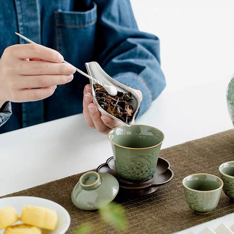 特注生産茶道具 竹製 煤竹 錫細工 在銘 茶合 茶量 茶匙 漢詩彫 細密彫刻 骨董品 美術品 6117dbcz 木工、竹工芸