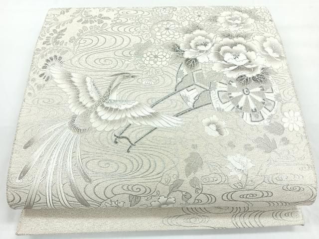 袋帯 銀通し 金彩 手描き 鳳凰 鳥 桐 正絹 六通 Q1166 袋帯 銀通し 金彩 手描き 鳳凰 鳥 桐 正絹 六通 Q1166 袋帯 銀