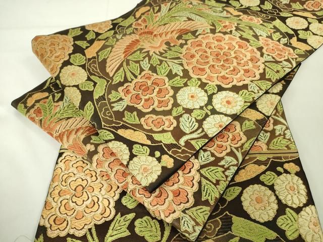平和屋本店□極上 西陣 川島織物 六通柄 本袋帯 唐織 鳳凰草花文 黒地
