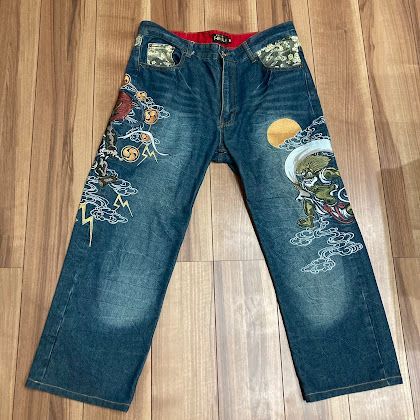 不倶戴天 ふぐたいてん 和柄刺繍 風神雷神 デニムパンツ ジーンズ