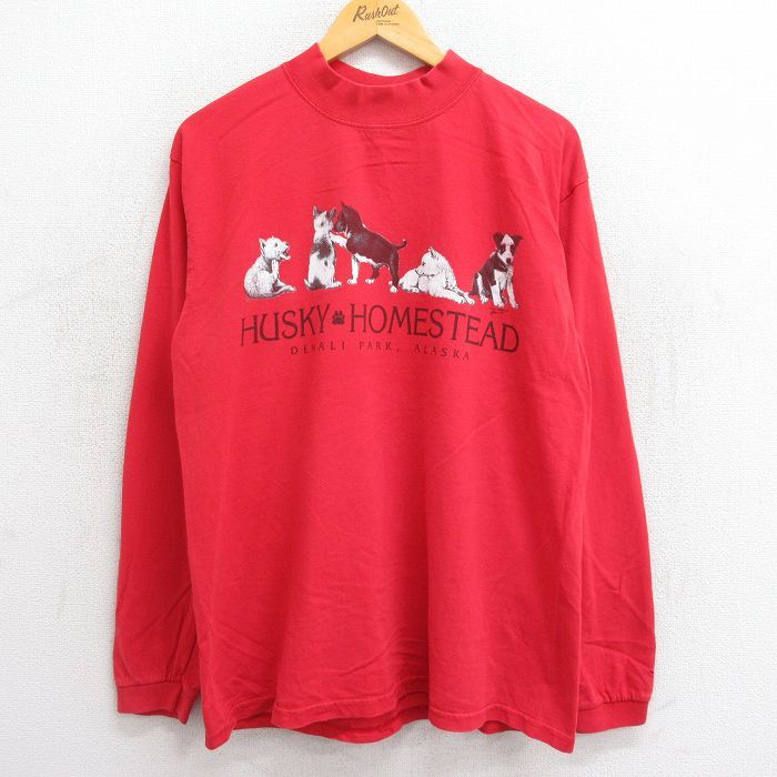 L/古着 長袖 ビンテージ Tシャツ メンズ 00s 犬 コットン モックネック 赤 レッド 23aug19 中古