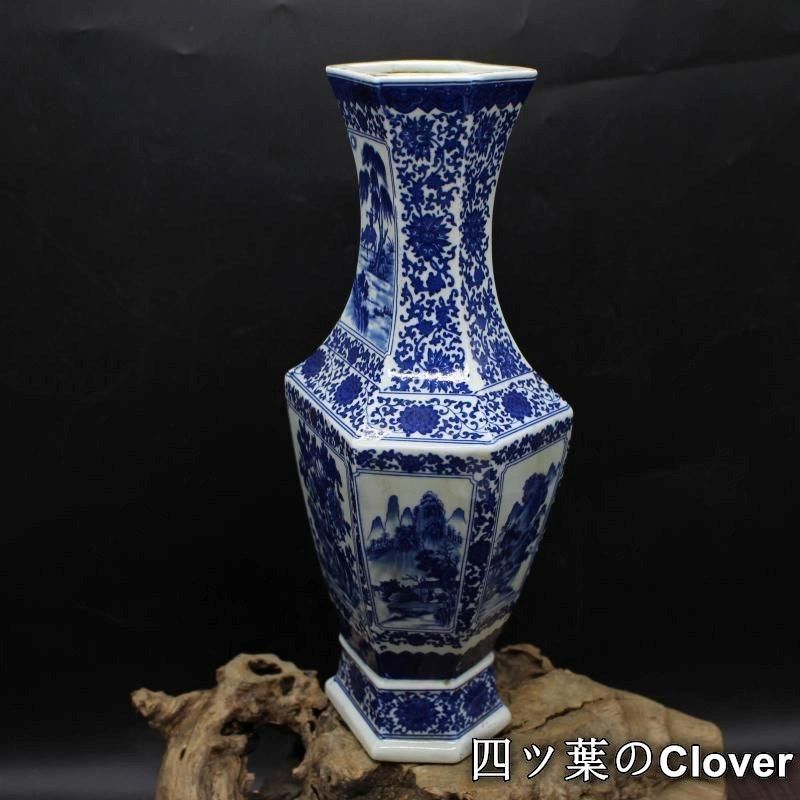 清乾隆青花人物花鳥六方賞瓶 景徳鎮 陶磁器 装飾品 現代工芸品 美術品