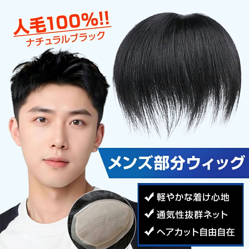 ウィッグ メンズ 男性 ヘアピース 人毛100％ 頭頂部 部分ウィッグ トップカバー 薄毛 白髪隠し 増毛 ボリュームアップ 自然 簡単装着 通気性 かつら 黒 ブラック