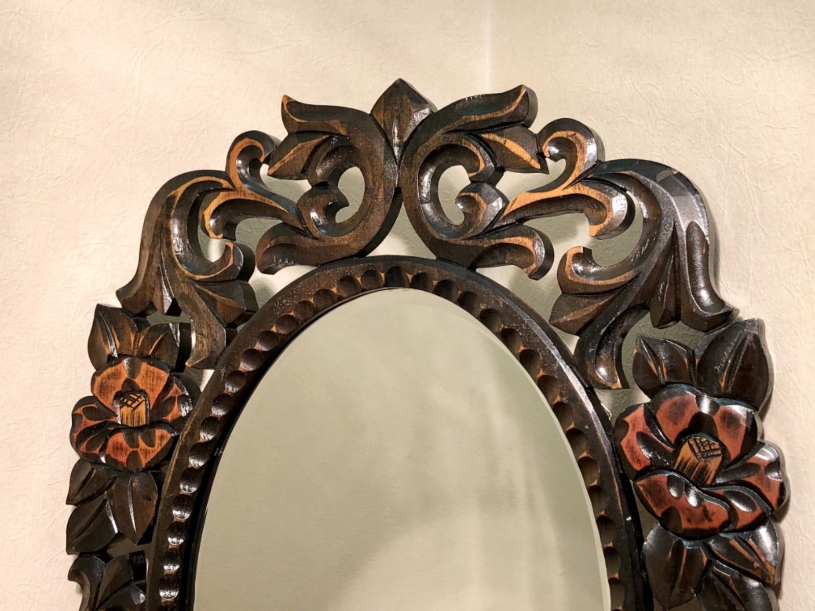 大鏡 木彫り 手彫り ミラー 壁掛け式鏡-
