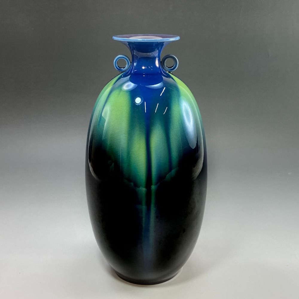 KUTANIYAKI 九谷焼 人間国宝 三代 徳田八十吉 作 耀彩耳付花生 陶磁器 _ 花瓶