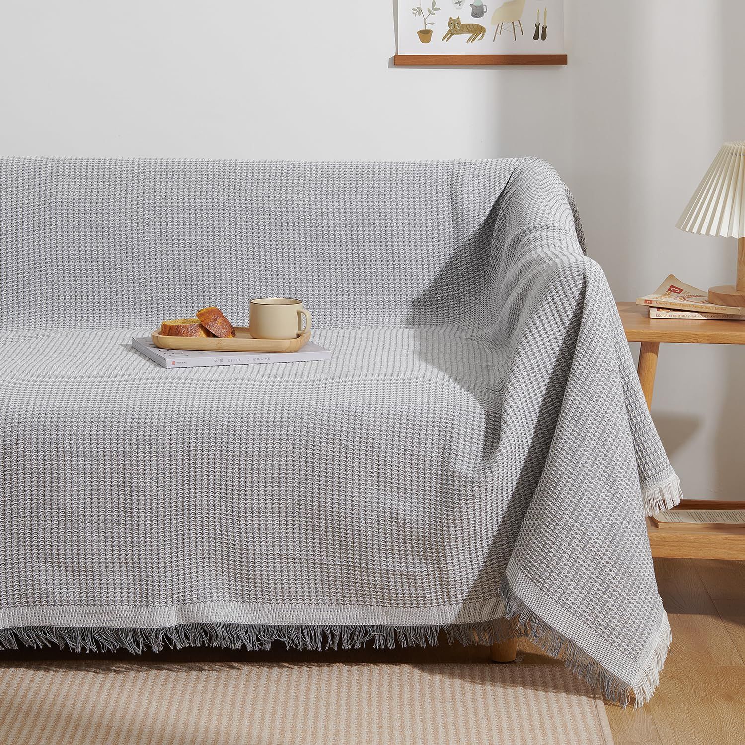 180×340cm 3~4人掛け _グレーホワイト ワッフル柄 Atokazo ソファーカバー 北欧風 マルチカバー ソファカバー 肘付き 肘なし 多機能 ブランケット 綿 リバーシブル フリンジ付き おしゃれ 保護カバー 防塵 キズ防止 汚れ防止 洗える 四