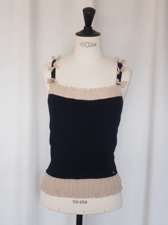 CHANEL Ribbon Strap Knit Camisole シャネル リボン ストラップ ニットキャミソール ネイビー ピンクベージュ ヴィンテージ