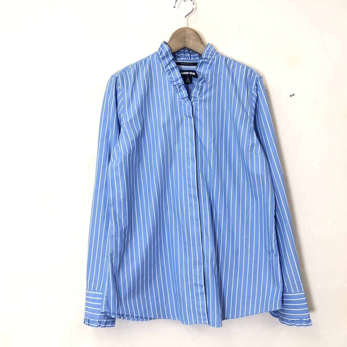 LANDS END Vネックシャツ 花柄 襟と袖口がフリル フライフロント 長袖 スーピマコットン100% L (11) ネイビー 紺×ピンク×緑 売れ筋商品|||レディース ランズエンド LANDS END Vネックシャツ 花柄 襟と袖口がフリル